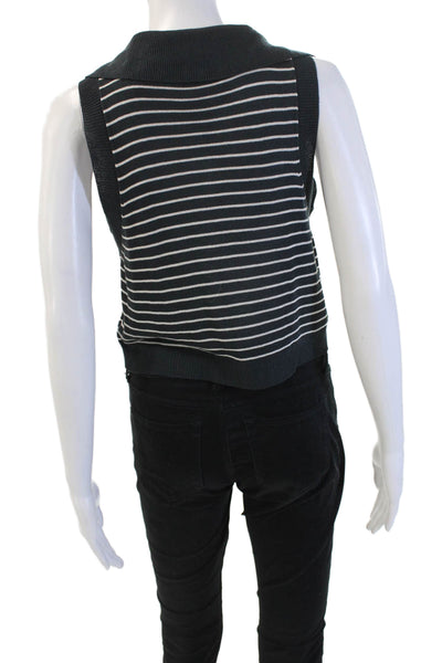 By Together Women Cropped Striped V-Neck Button Up Top Sleeveless Black Size S