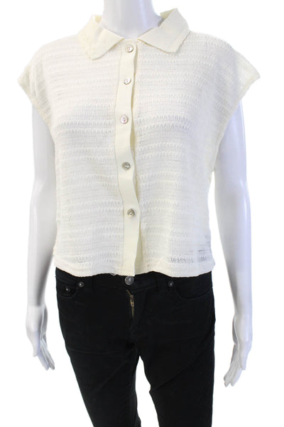 MNG Women Cropped Polo Button-Up White Cotton Collared Sleeveless Size S