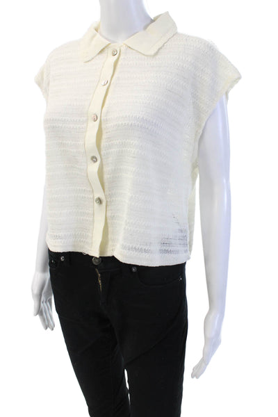 MNG Women Cropped Polo Button-Up White Cotton Collared Sleeveless Size S