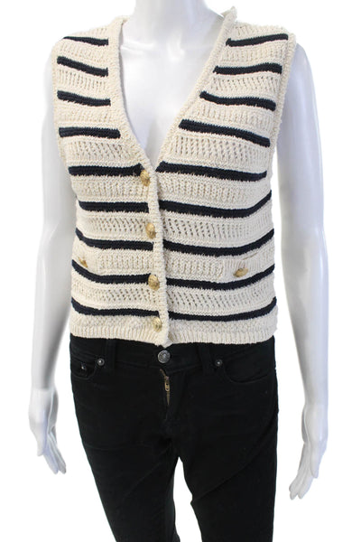 Zara Women Sleeveless V-Neck Striped Button Vest Beige Size S