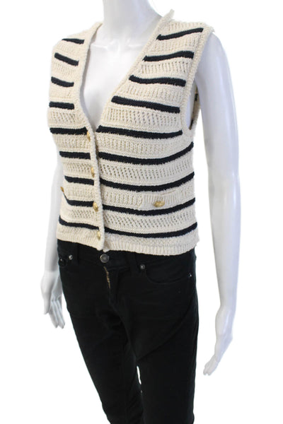 Zara Women Sleeveless V-Neck Striped Button Vest Beige Size S