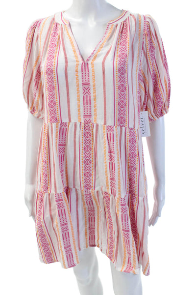 Velvet Women Shift Sundress White Striped V-Neck Cotton Short Sleeve Size XS
