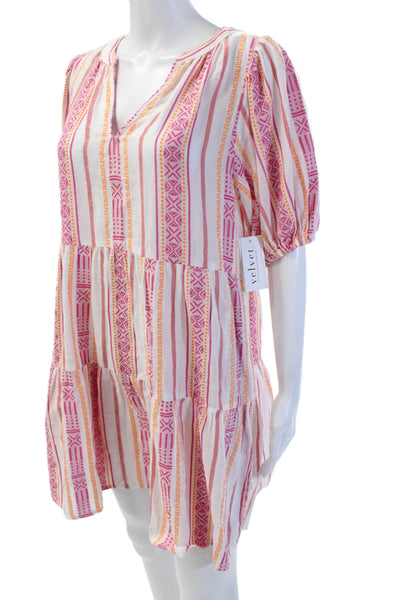 Velvet Women Shift Sundress White Striped V-Neck Cotton Short Sleeve Size XS