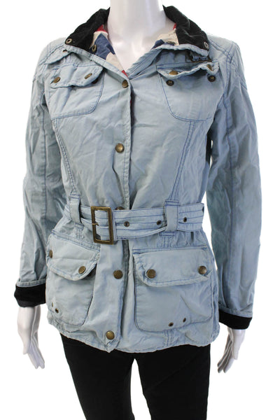 Barbour Womens Light Blue Cotton Military Jacket Buckle Collar Size 4