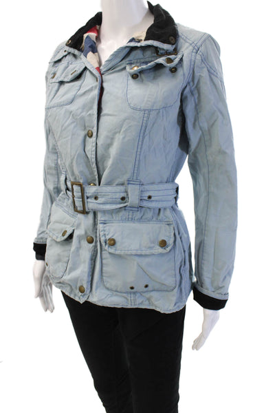 Barbour Womens Light Blue Cotton Military Jacket Buckle Collar Size 4