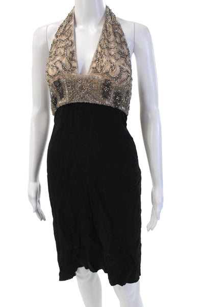 Reem Acra Women Beige Silk Sleeveless Sheath Dress Knee Length Size 6