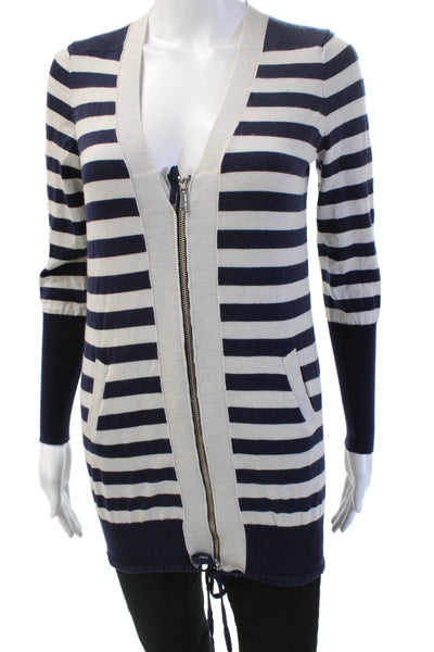 Karen Millen Women Striped V-Neck Full Zip Cardigan Beige 3/4 Sleeve Size 2