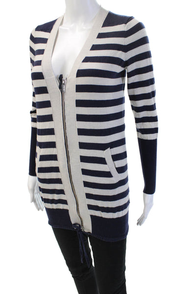Karen Millen Women Striped V-Neck Full Zip Cardigan Beige 3/4 Sleeve Size 2