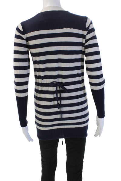 Karen Millen Women Striped V-Neck Full Zip Cardigan Beige 3/4 Sleeve Size 2