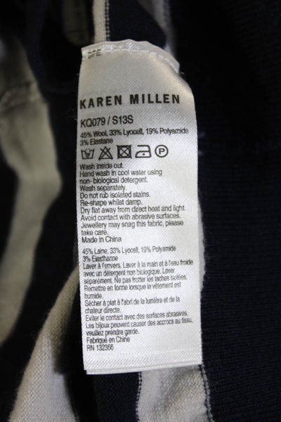 Karen Millen Women Striped V-Neck Full Zip Cardigan Beige 3/4 Sleeve Size 2