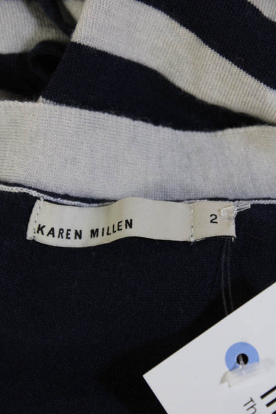 Karen Millen Women Striped V-Neck Full Zip Cardigan Beige 3/4 Sleeve Size 2