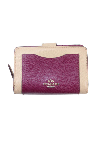 Coach Womens Leather Gold Tone Mini Wallet Beige Purple