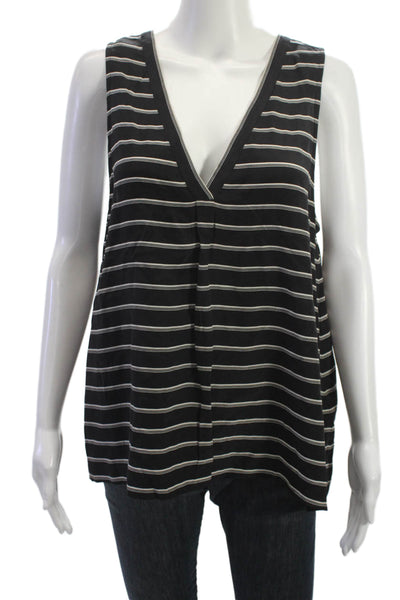 Joie Women Striped Silk V-Neck Sleeveless Tank Black Size M