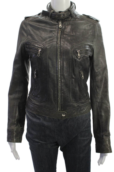Kenna-T Womens Black Biker Leather Jacket Buckle High Neck Size S