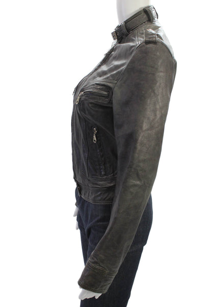 Kenna-T Womens Black Biker Leather Jacket Buckle High Neck Size S