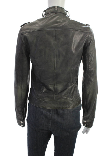 Kenna-T Womens Black Biker Leather Jacket Buckle High Neck Size S