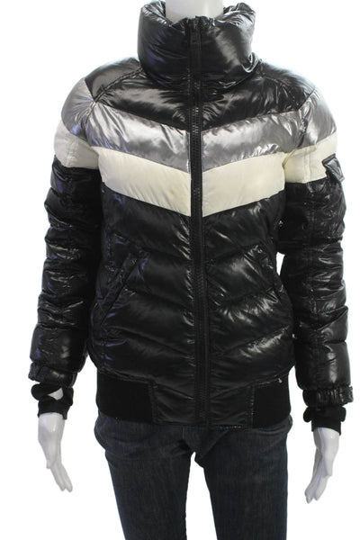 Aqua Women Quilted Puffer Jacket Black High Neck Button Nylon Size XS