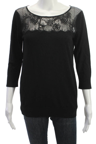 Club Monaco Womens Tunic Black Wool Floral 3/4 Sleeve Round Neck Size M