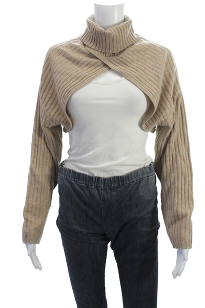 Naadam Women Striped 100% Rayon Turtleneck Zip Long Sleeve Sweater Beige Size M