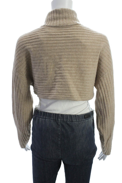Naadam Women Striped 100% Rayon Turtleneck Zip Long Sleeve Sweater Beige Size M