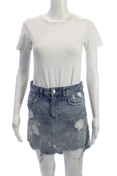 Zara Womens Blue Mini Skirt Cotton Short Size XS