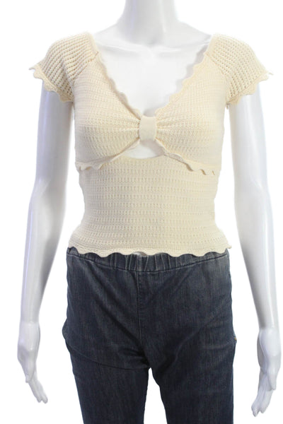 ASTR Womens Cropped Bohemian Short Sleeve Beige Top Size S