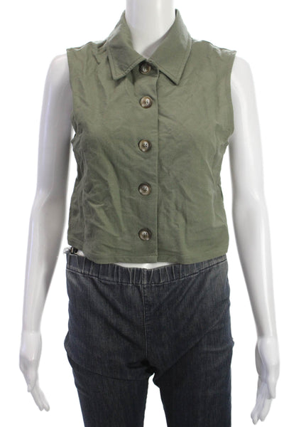 MNG Womens Cropped Sleeveless Button Up Cotton Collared Top Green Size XS
