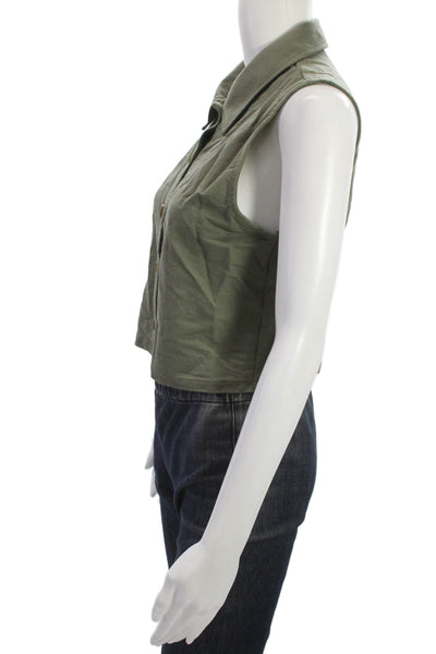 MNG Womens Cropped Sleeveless Button Up Cotton Collared Top Green Size XS