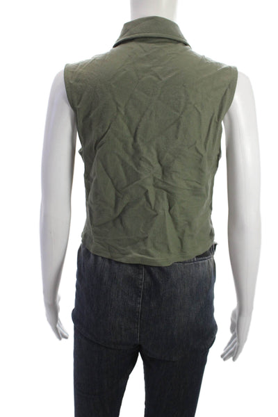 MNG Womens Cropped Sleeveless Button Up Cotton Collared Top Green Size XS