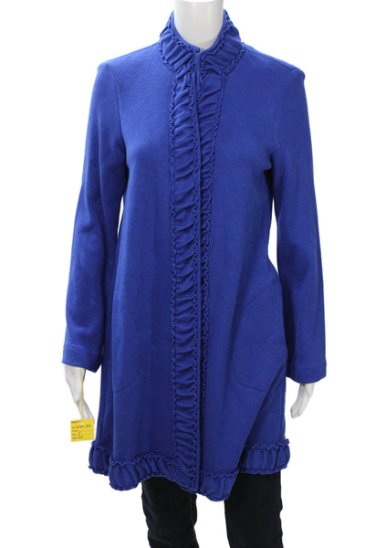 Pure Essence Women Coatigan Solid Blue High Neck Long Sleeve Size S