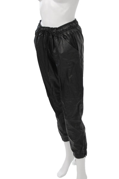 David Lerner Women Cropped Faux Leather Jogger Pants Black Drawstring Size M