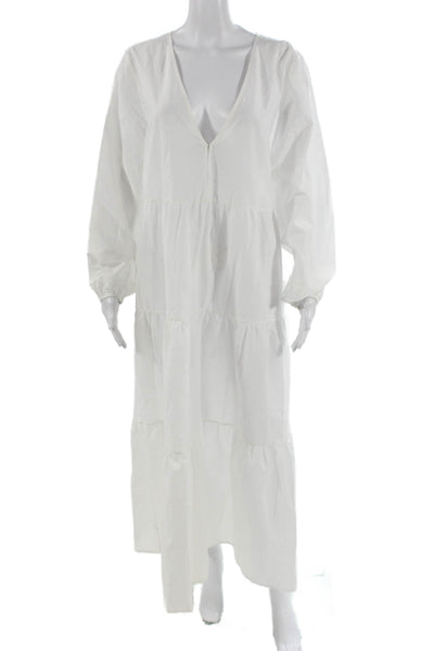 Matteau Women White V-Neck Kaftan Midi Dress 100% Cotton Long Sleeve Size 4