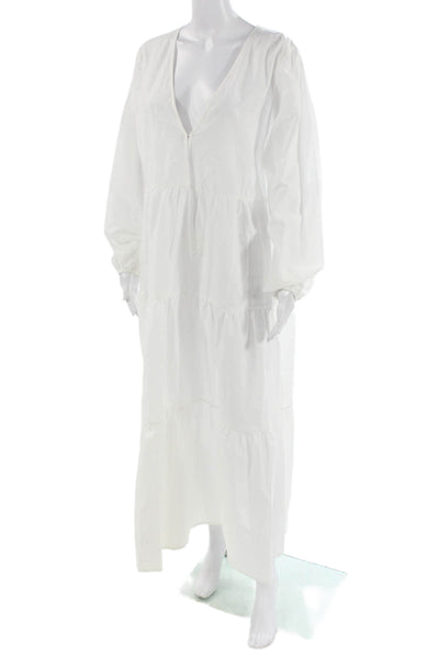 Matteau Women White V-Neck Kaftan Midi Dress 100% Cotton Long Sleeve Size 4