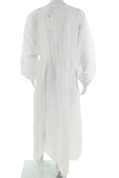 Matteau Women White V-Neck Kaftan Midi Dress 100% Cotton Long Sleeve Size 4