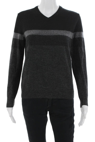 Calvin Klein Mens Pullover Sweater Black V-Neck Merino Acrylic Striped Size S