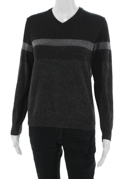 Calvin Klein Mens Pullover Sweater Black V-Neck Merino Acrylic Striped Size S
