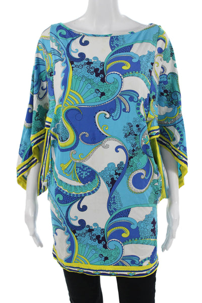 Trina Turk Women Paisley Blue Tunic Blouse Short Sleeve Round Neck Size S