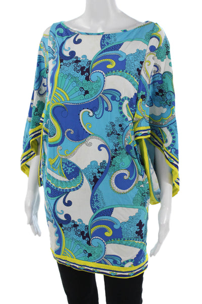 Trina Turk Women Paisley Blue Tunic Blouse Short Sleeve Round Neck Size S