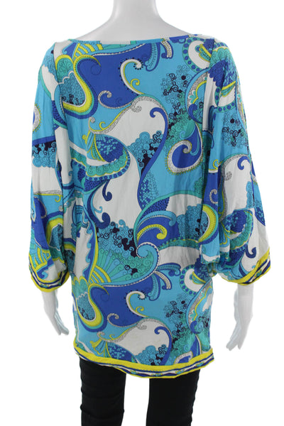 Trina Turk Women Paisley Blue Tunic Blouse Short Sleeve Round Neck Size S