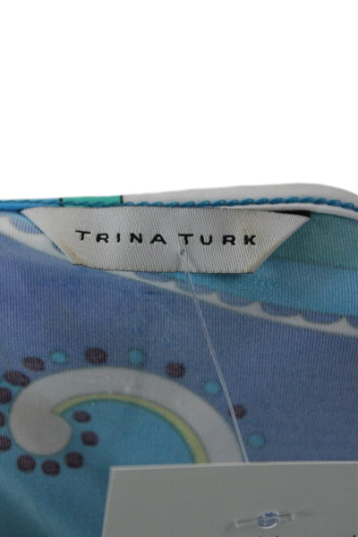Trina Turk Women Paisley Blue Tunic Blouse Short Sleeve Round Neck Size S