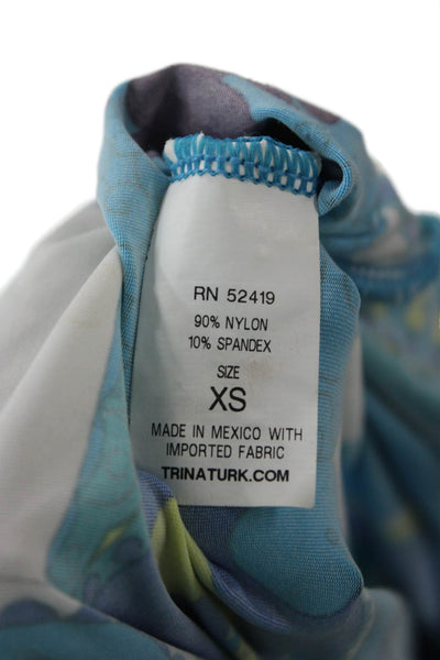 Trina Turk Women Paisley Blue Tunic Blouse Short Sleeve Round Neck Size S