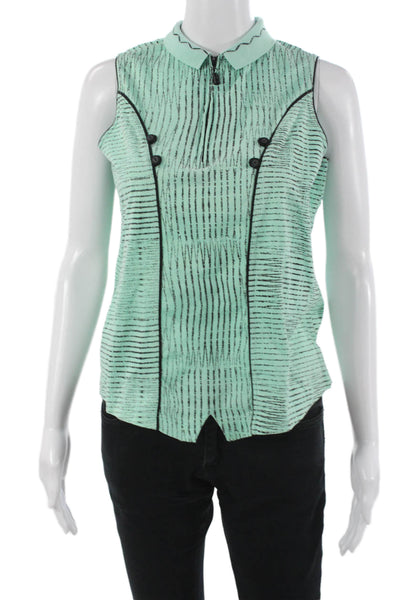 Jamie Sadock Women Green Striped Cotton Collared Sleeveless Polo Size M