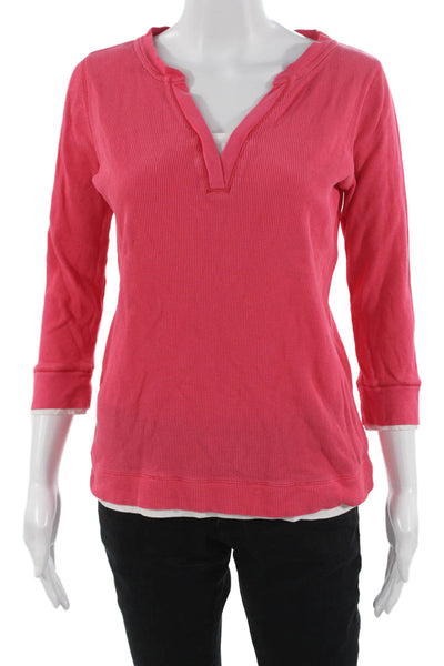 Lauren Ralph Lauren Women Basic Pink Cotton V-Neck 3/4 Sleeve T-Shirt Size M