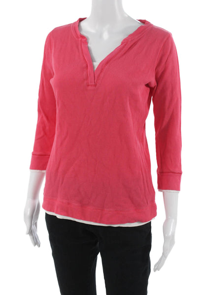 Lauren Ralph Lauren Women Basic Pink Cotton V-Neck 3/4 Sleeve T-Shirt Size M