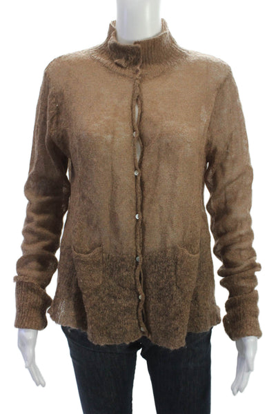 Cotelac Women Cardigan Sweater Brown Mohair Wool Mock Neck Button Size 4