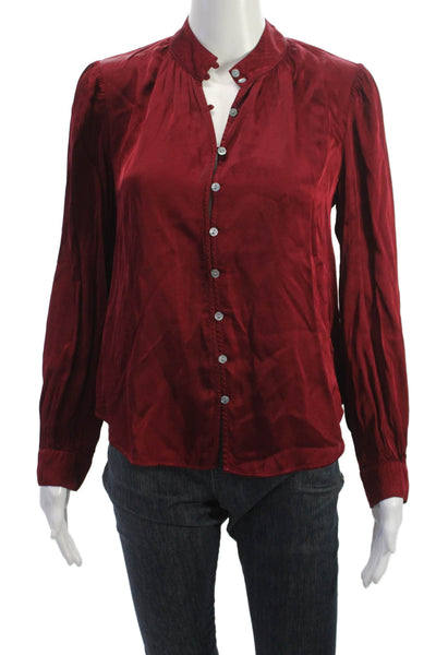 Bella Dahl Women Red Button Up Mockneck Long Sleeve Viscose Rayon Blouse Size S