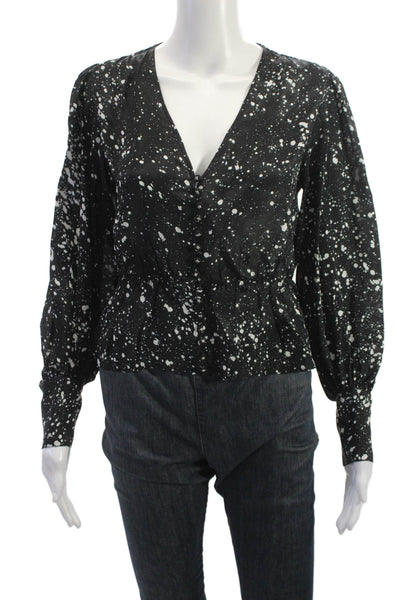 The Kooples Women Black V-Neck Button Long Sleeve Blouse Viscose Silk Size S