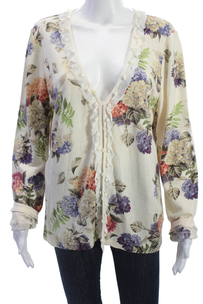 Escada Womens V-Neck Floral Blouse Long Sleeve Beige Wool Silk Cashmere Size 42