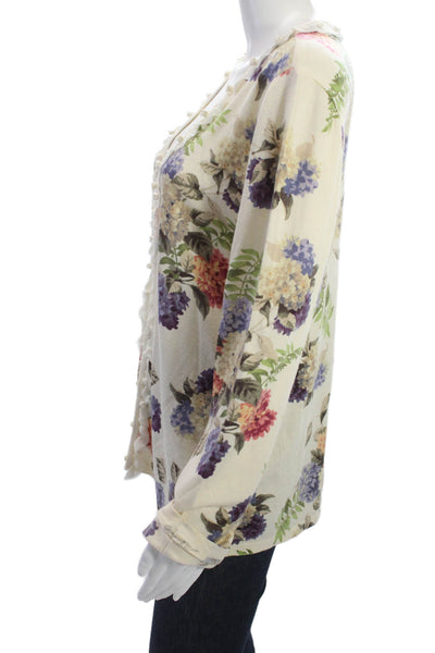 Escada Womens V-Neck Floral Blouse Long Sleeve Beige Wool Silk Cashmere Size 42