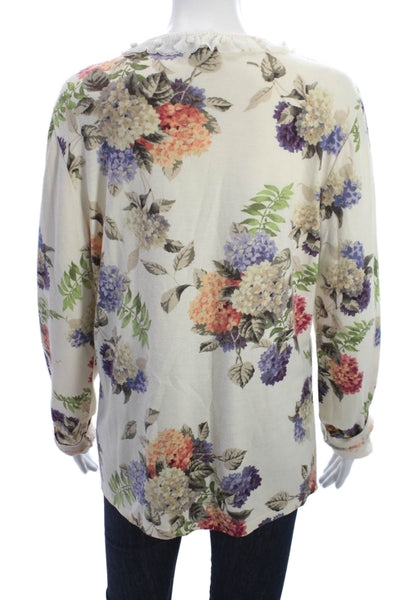 Escada Womens V-Neck Floral Blouse Long Sleeve Beige Wool Silk Cashmere Size 42